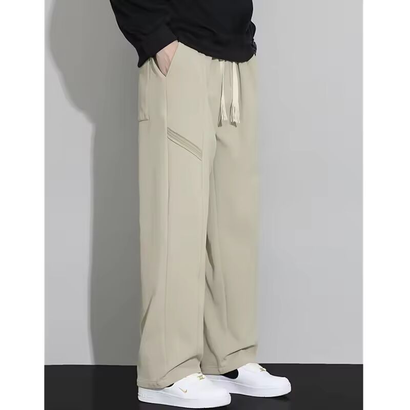 Spring Black Men's Drawstring Trousers, Fashion Casual Pants, Dark Gray, Apricot Color Splicing Pant, Asian Size M-5XL