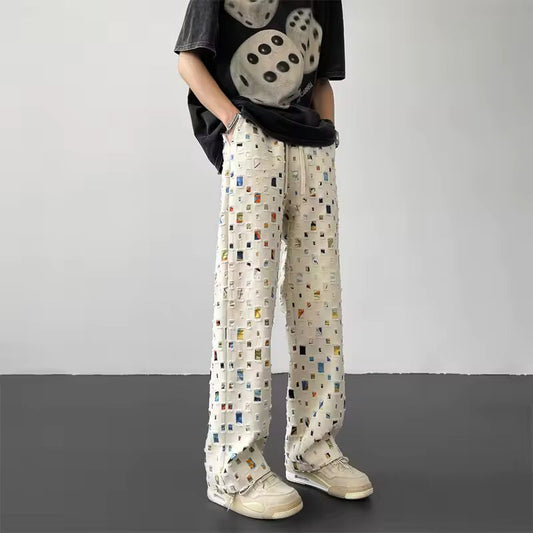 Cotton Casual Pants Men Fashion Retro Colored Plaid Pants Men Streetwear Hip-hop Loose Hollow Out Pants Mens Hole Trousers M-3XL