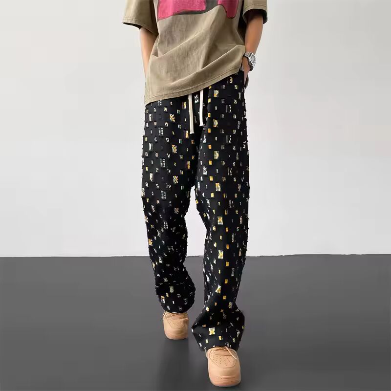 Cotton Casual Pants Men Fashion Retro Colored Plaid Pants Men Streetwear Hip-hop Loose Hollow Out Pants Mens Hole Trousers M-3XL