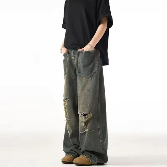 Spring American Retro Ripped Wide-leg Jeans For Men High Street Fashion Distressed Baggy Denim Pants 2025 New Casual Y2K Jean