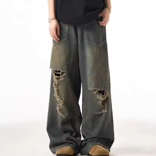 Spring American Retro Ripped Wide-leg Jeans For Men High Street Fashion Distressed Baggy Denim Pants 2025 New Casual Y2K Jean