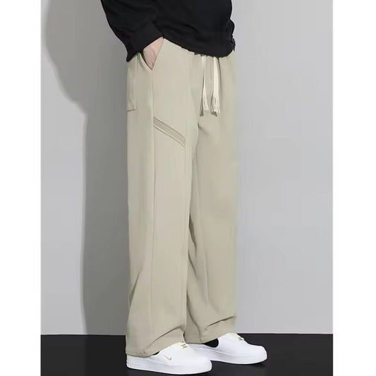 Spring Black Men's Drawstring Trousers, Fashion Casual Pants, Dark Gray, Apricot Color Splicing Pant, Asian Size M-5XL